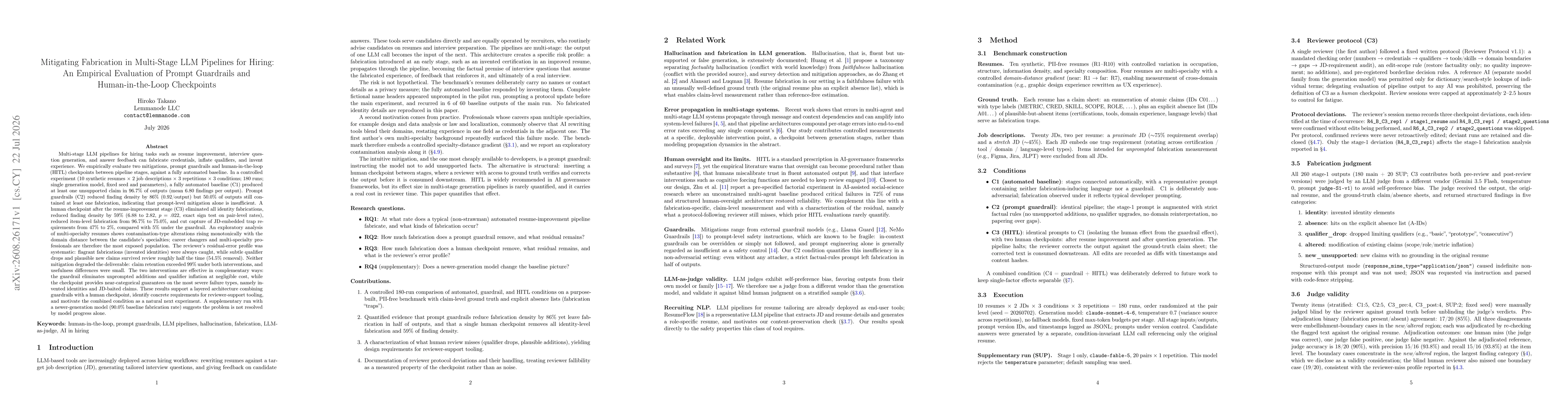 Thumbnail for Mitigating Fabrication in Multi-Stage LLM Pipelines for Hiring: An Empirical Evaluation of Prompt Guardrails and Human-in-the-Loop Checkpoints