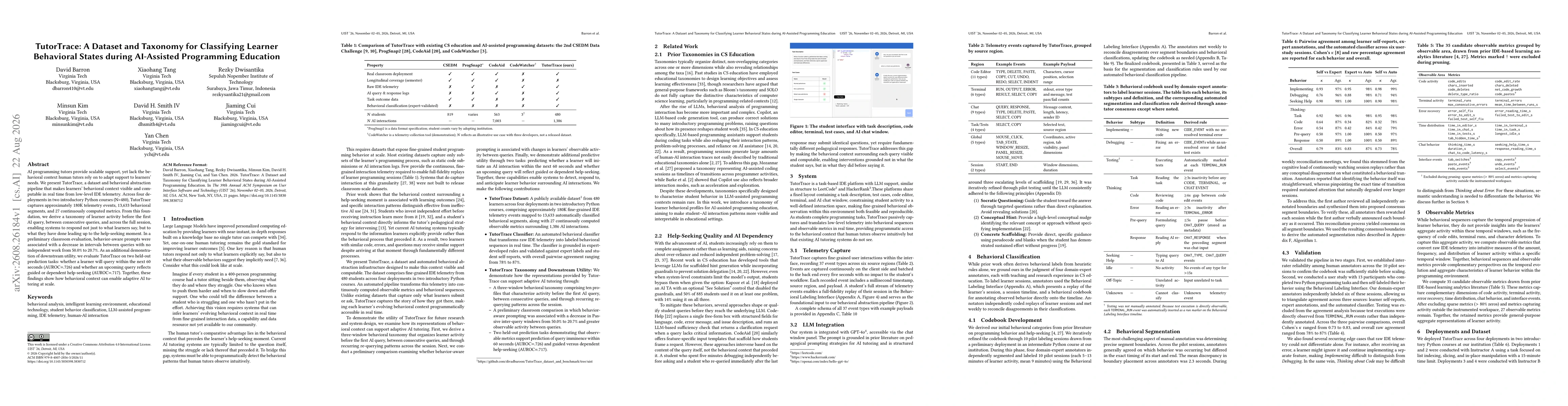 Thumbnail for TutorTrace: A Dataset and Taxonomy for Classifying Learner Behavioral States during AI-Assisted Programming Education