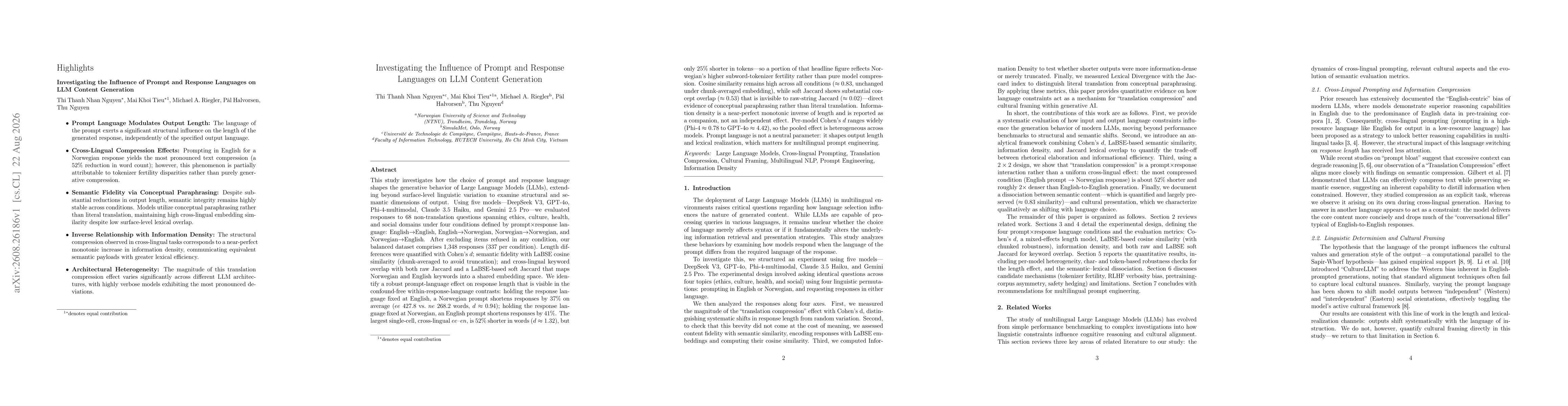 Thumbnail for Investigating the Influence of Prompt and Response Languages on LLM Content Generation