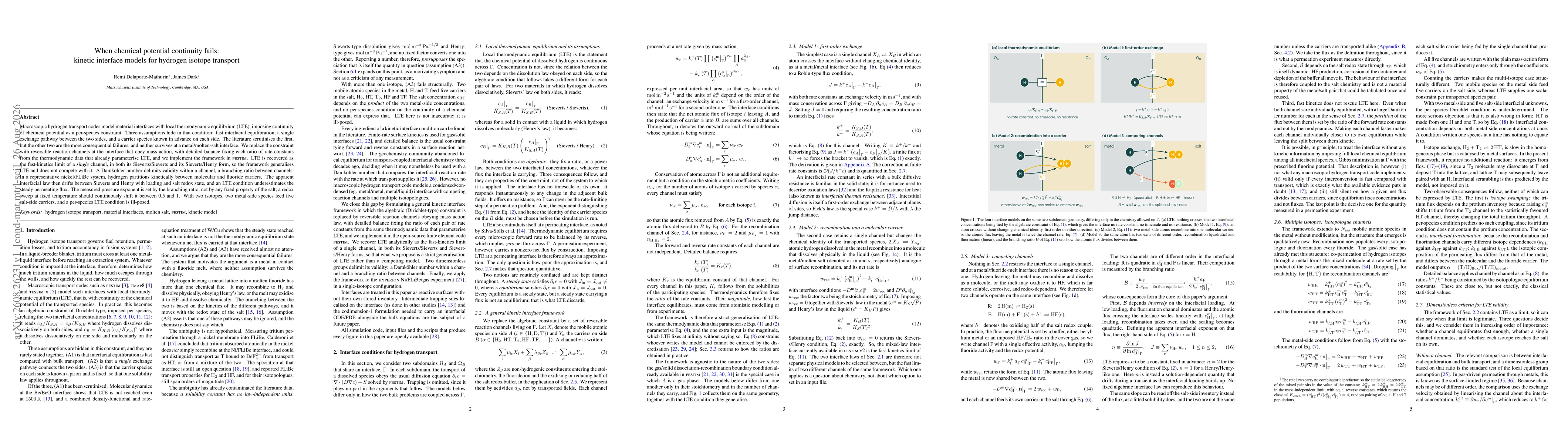 Thumbnail for When chemical potential continuity fails: kinetic interface models for hydrogen isotope transport