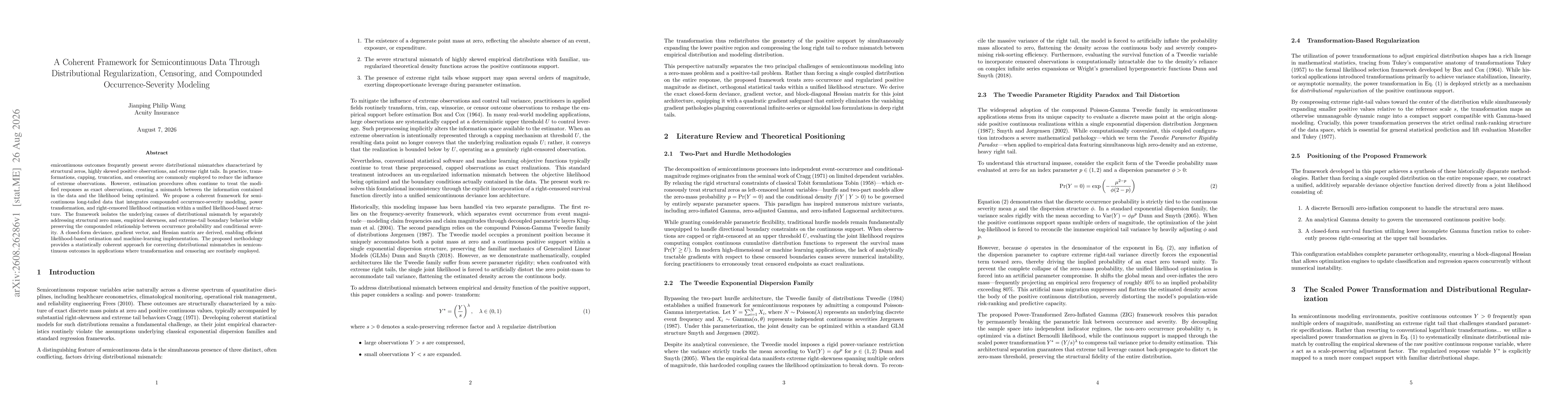 Thumbnail for A Coherent Framework for Semicontinuous Data Through Distributional Regularization, Censoring, and Compounded Occurrence-Severity Modeling