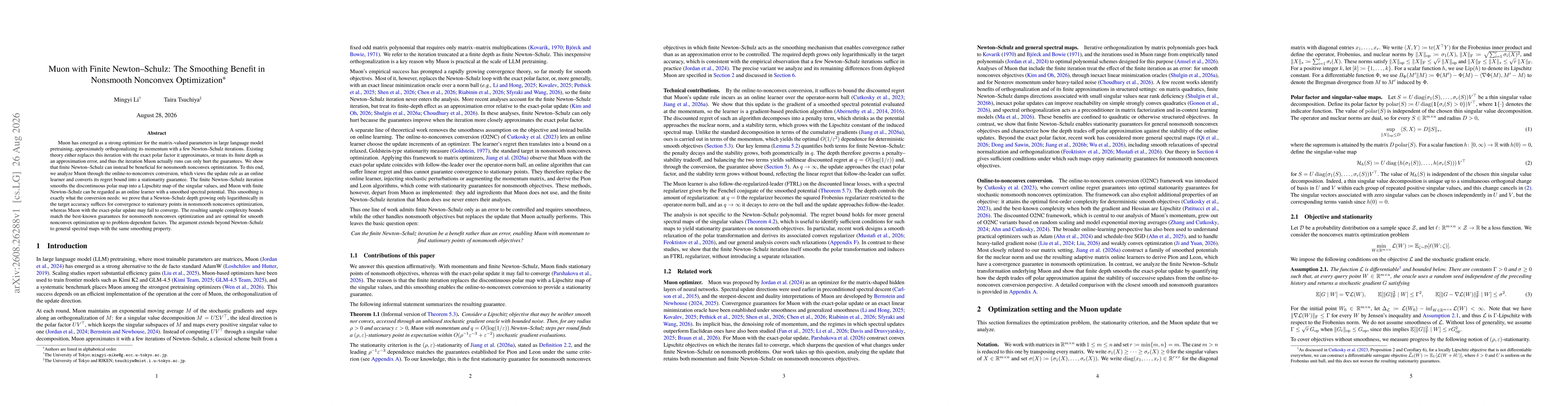 Thumbnail for Muon with Finite Newton-Schulz: The Smoothing Benefit in Nonsmooth Nonconvex Optimization