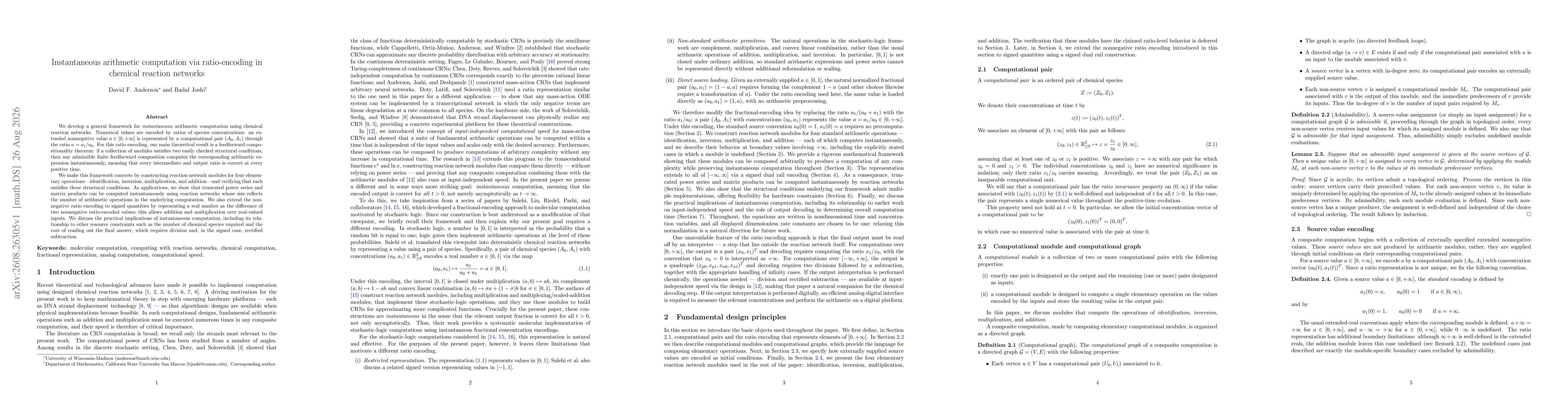 Thumbnail for Instantaneous arithmetic computation via ratio-encoding in chemical reaction networks