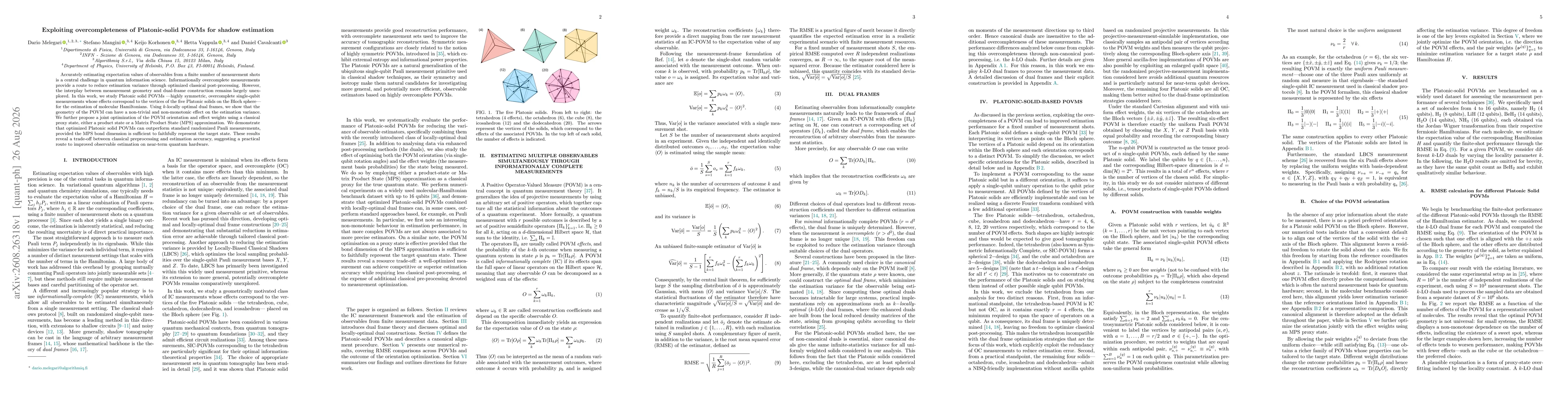 Thumbnail for Exploiting overcompleteness of Platonic-solid POVMs for shadow estimation