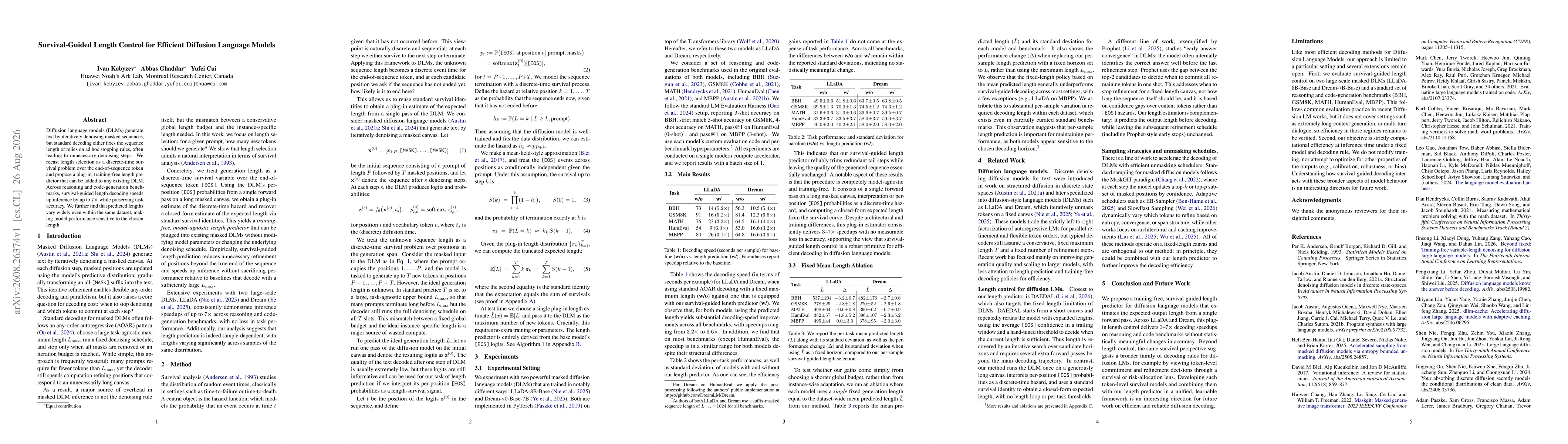 Thumbnail for Survival-Guided Length Control for Efficient Diffusion Language Models