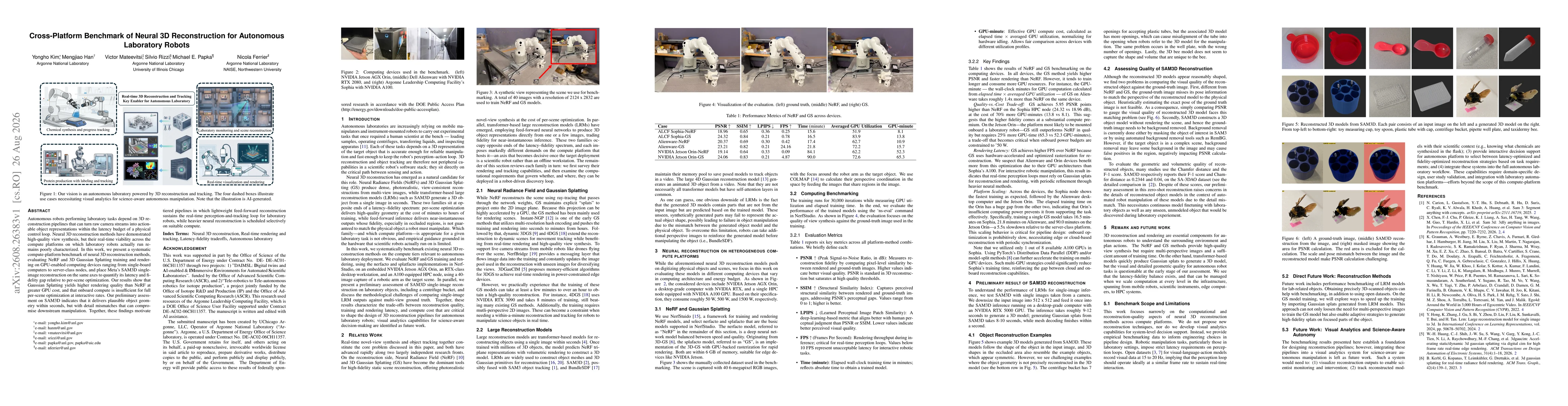 Thumbnail for Cross-Platform Benchmark of Neural 3D Reconstruction for Autonomous Laboratory Robots