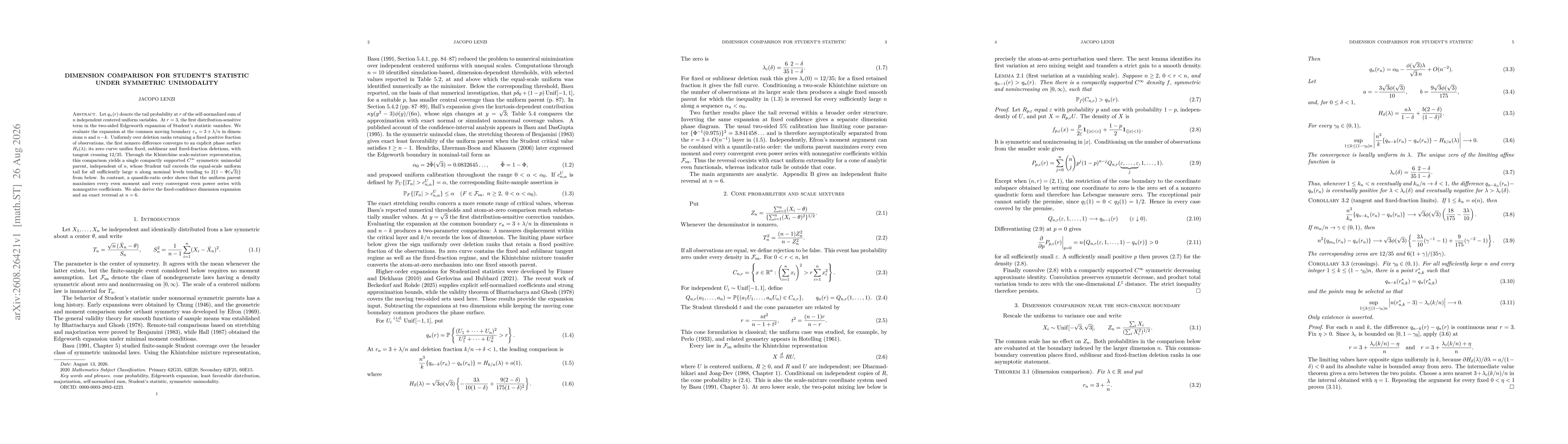 Thumbnail for Dimension comparison for Student's statistic under symmetric unimodality