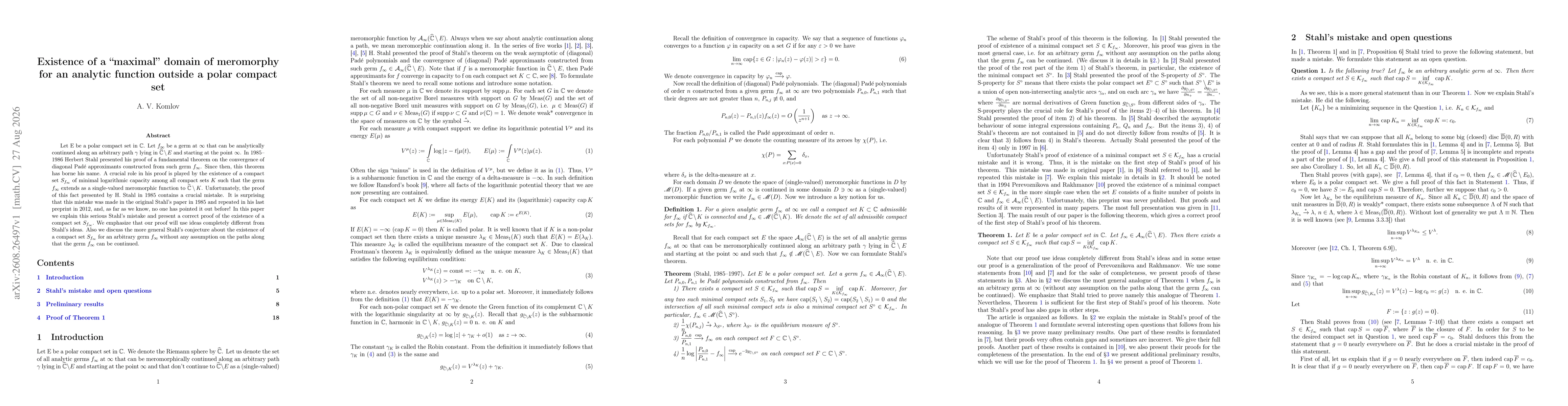 Thumbnail for Existence of a "maximal" domain of meromorphy for an analytic function outside a polar compact set