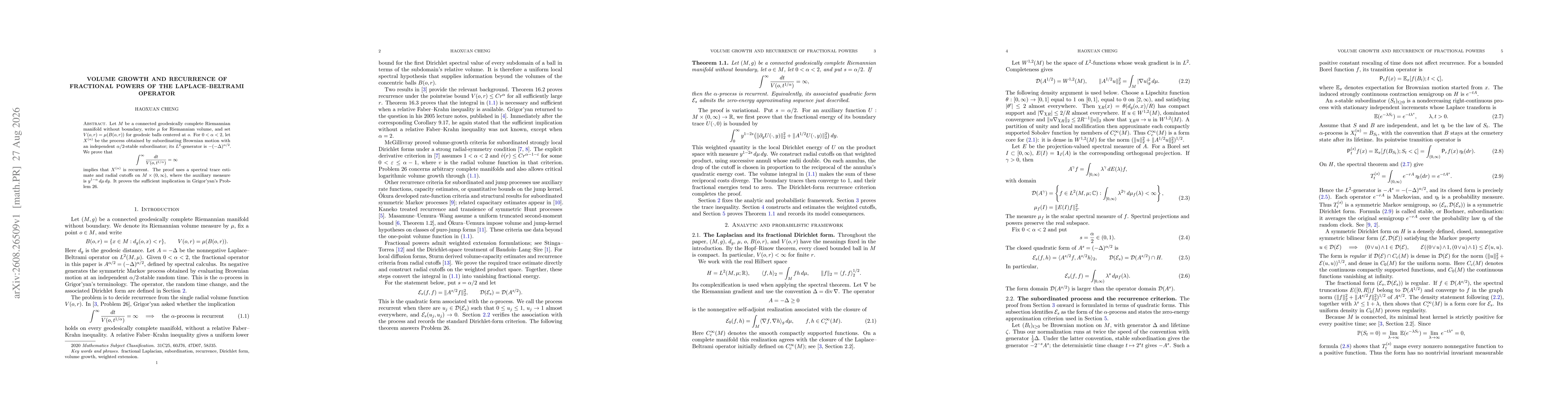 Thumbnail for Volume Growth and Recurrence of Fractional Powers of the Laplace--Beltrami Operator