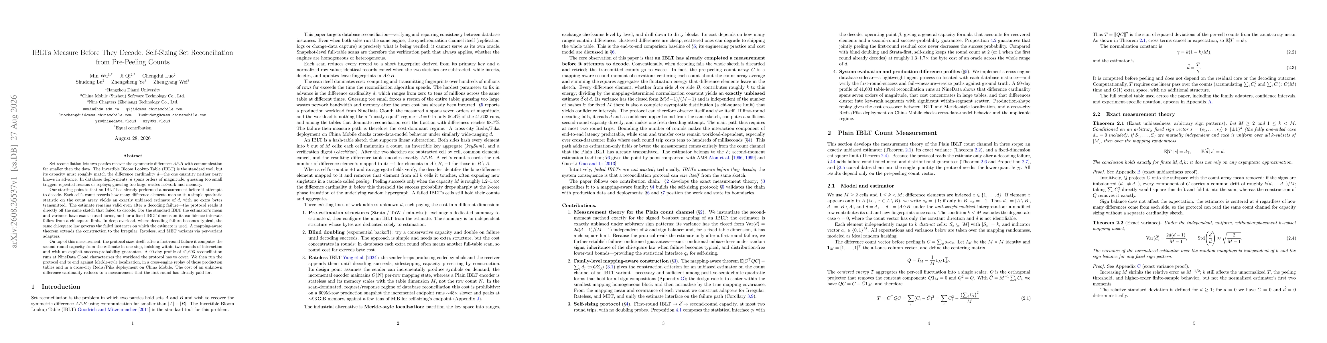 Thumbnail for IBLTs Measure Before They Decode: Self-Sizing Set Reconciliation from Pre-Peeling Counts