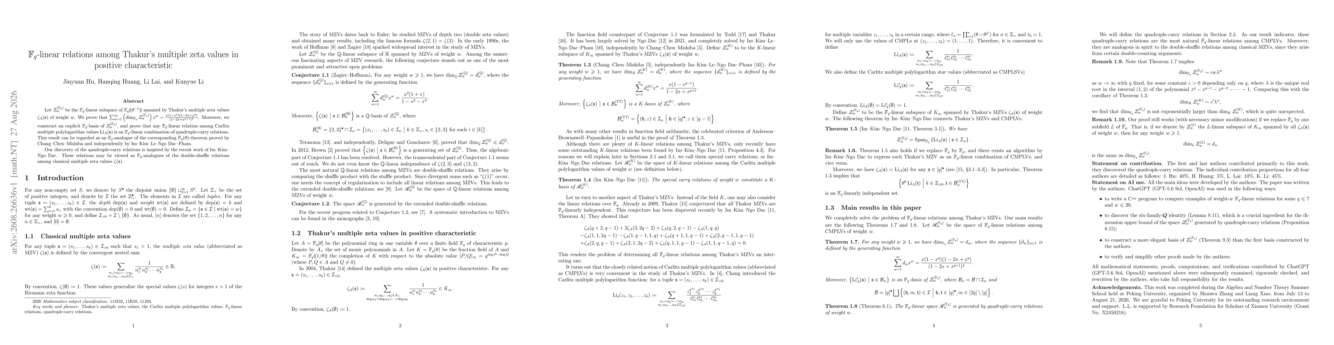 Thumbnail for $\mathbb{F}_q$-linear relations among Thakur's multiple zeta values in positive characteristic