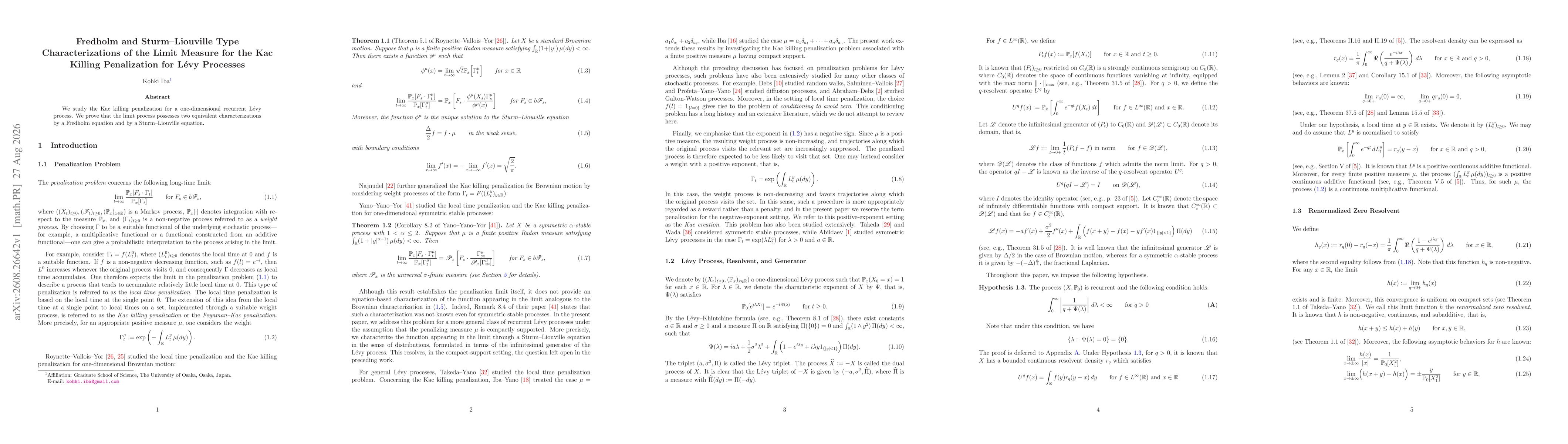 Thumbnail for Fredholm and Sturm--Liouville Type Characterizations of the Limit Measure for the Kac Killing Penalization for Lévy Processes