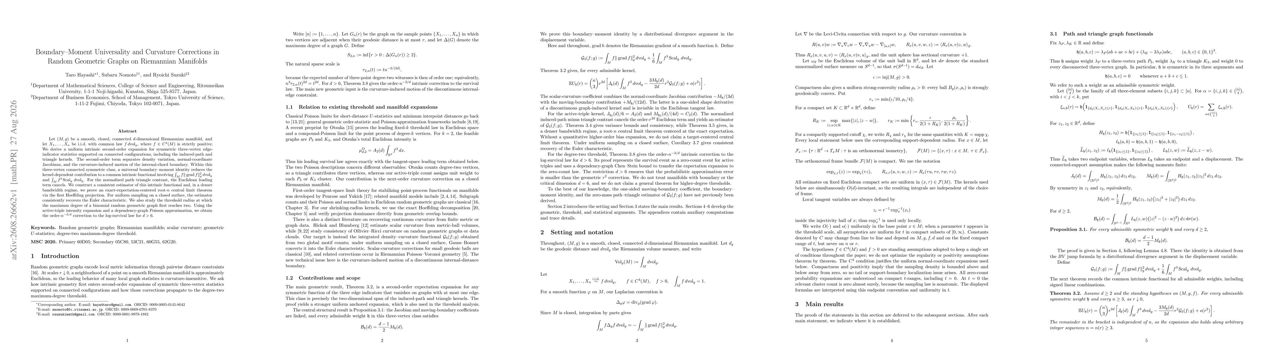 Thumbnail for Boundary-Moment Universality and Curvature Corrections in Random Geometric Graphs on Riemannian Manifolds