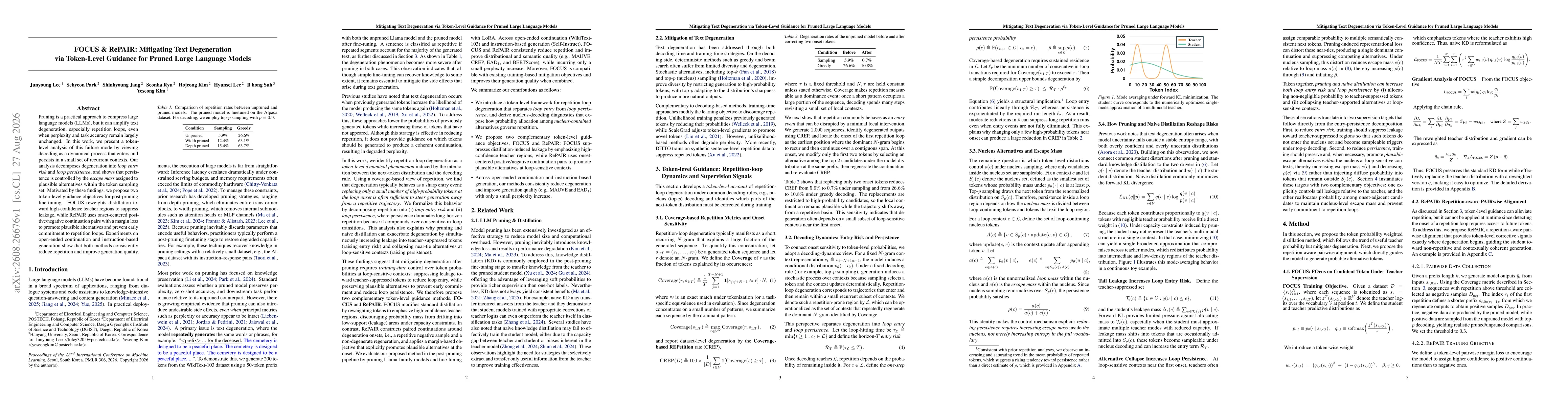 Thumbnail for FOCUS & RePAIR: Mitigating Text Degeneration via Token-Level Guidance for Pruned Large Language Models