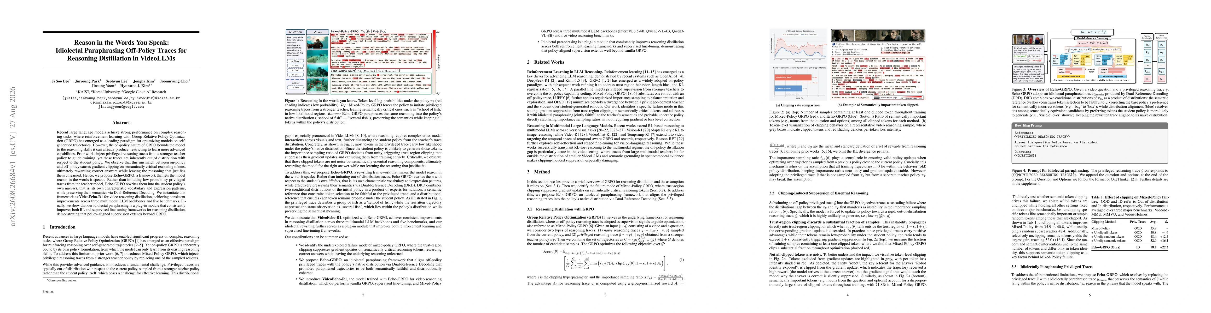 Thumbnail for Reason in the Words You Speak: Idiolectal Paraphrasing Off-Policy Traces for Reasoning Distillation in VideoLLMs