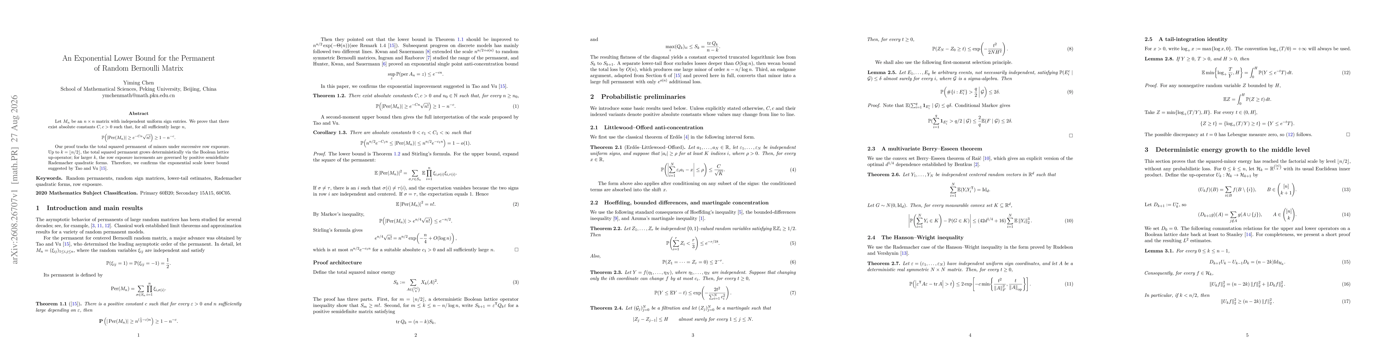 Thumbnail for An Exponential Lower Bound for the Permanent of Random Bernoulli Matrix