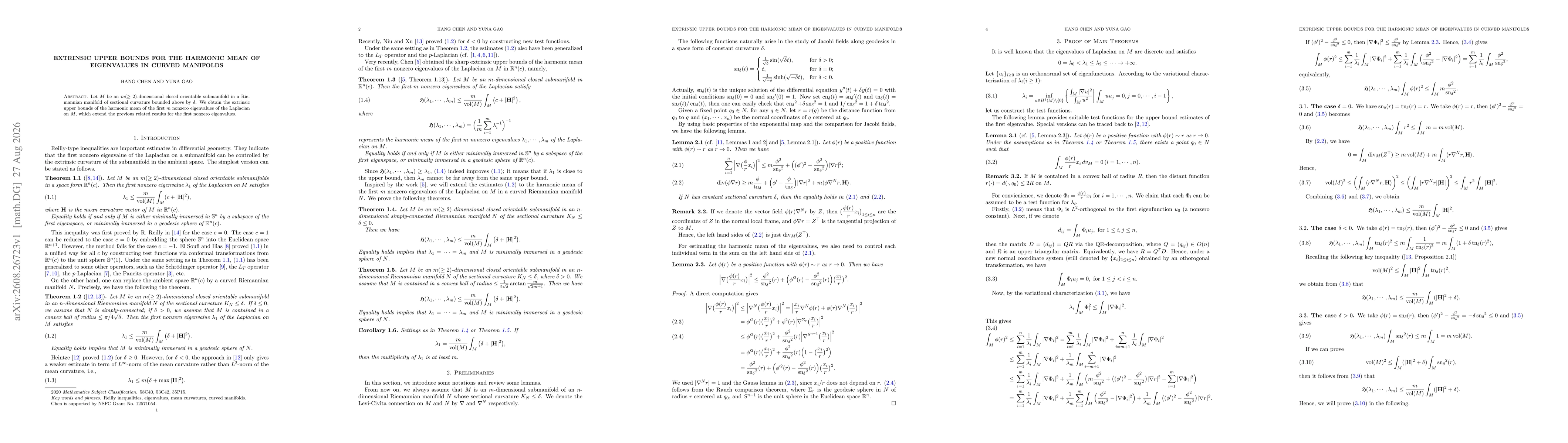 Thumbnail for Extrinsic upper bounds for the harmonic mean of eigenvalues in curved manifolds