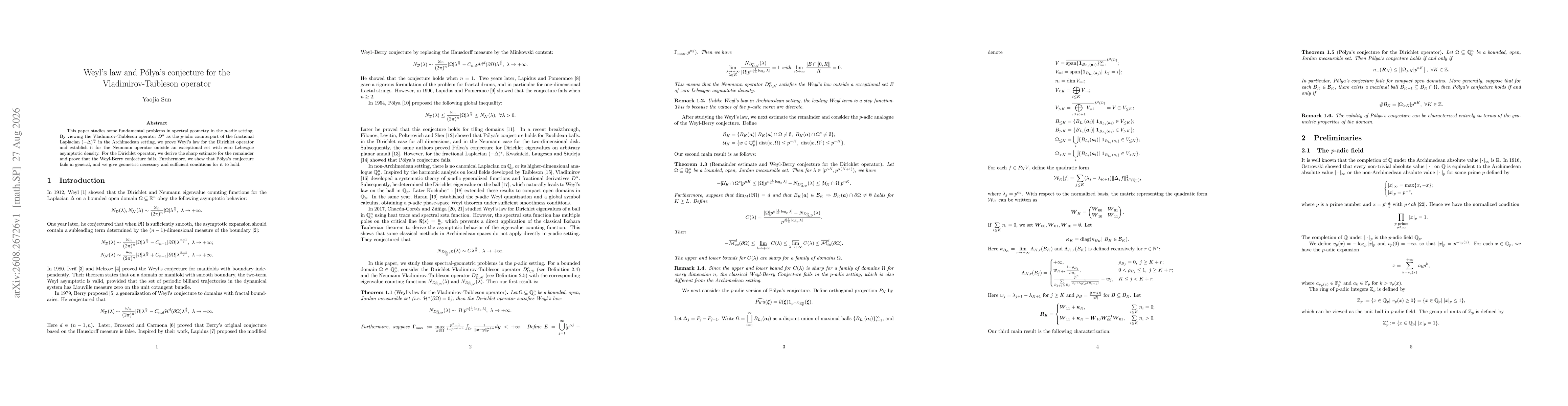 Thumbnail for Weyl's law and Pólya's conjecture for the Vladimirov-Taibleson operator