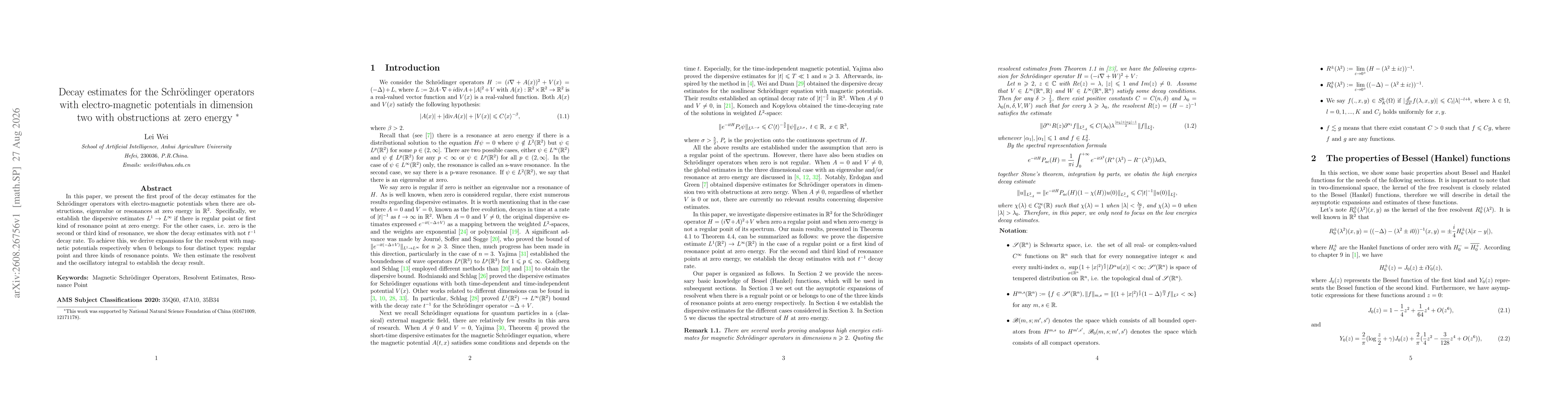 Thumbnail for Decay estimates for the Schrödinger operators with electro-magnetic potentials in dimension two with obstructions at zero energy