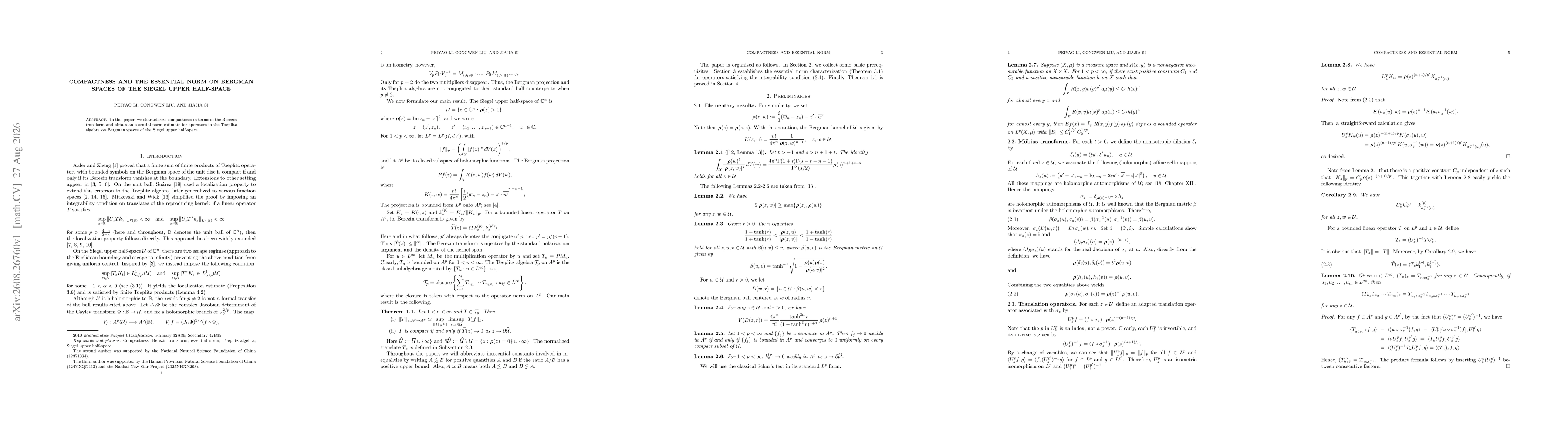 Thumbnail for Compactness and the essential norm on Bergman spaces of the Siegel upper half-space