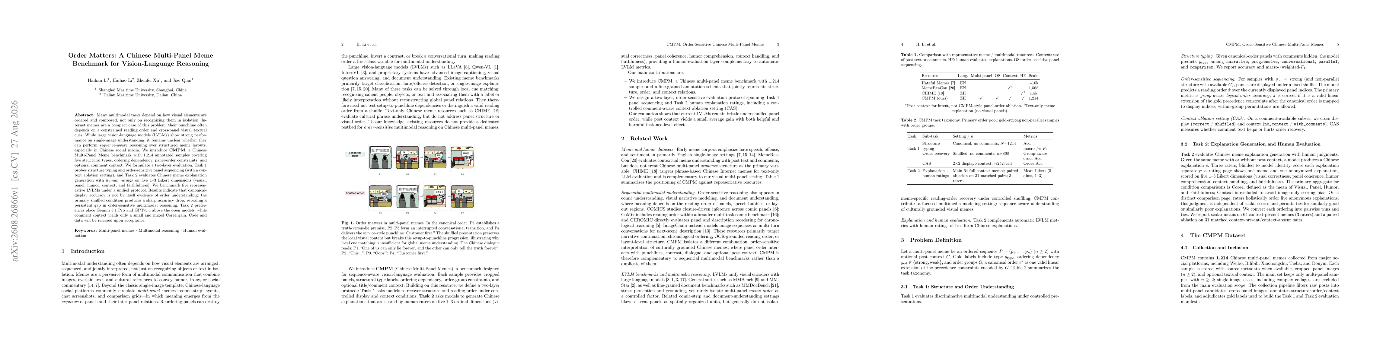 Thumbnail for Order Matters: A Chinese Multi-Panel Meme Benchmark for Vision-Language Reasoning