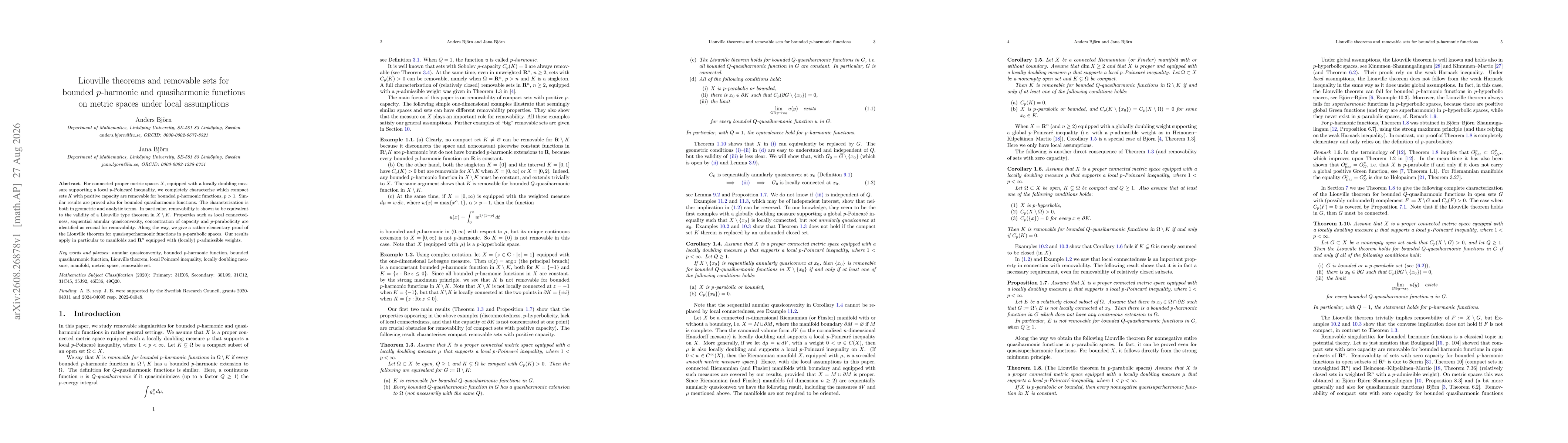 Thumbnail for Liouville theorems and removable sets for bounded $p$-harmonic and quasiharmonic functions on metric spaces under local assumptions