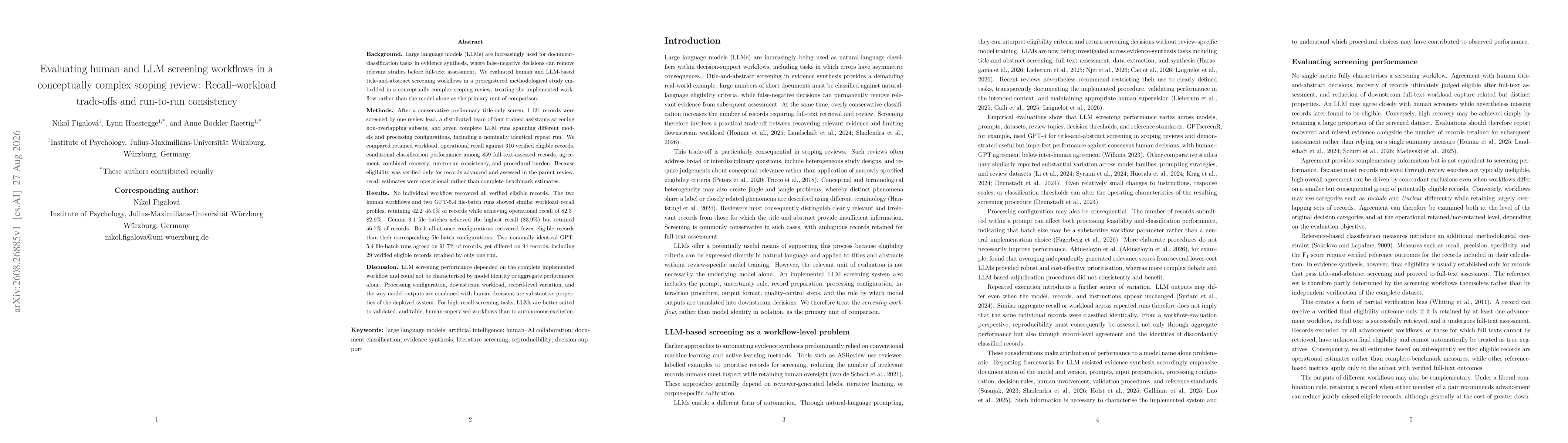 Thumbnail for Evaluating human and LLM screening workflows in a conceptually complex scoping review: Recall--workload trade-offs and run-to-run consistency