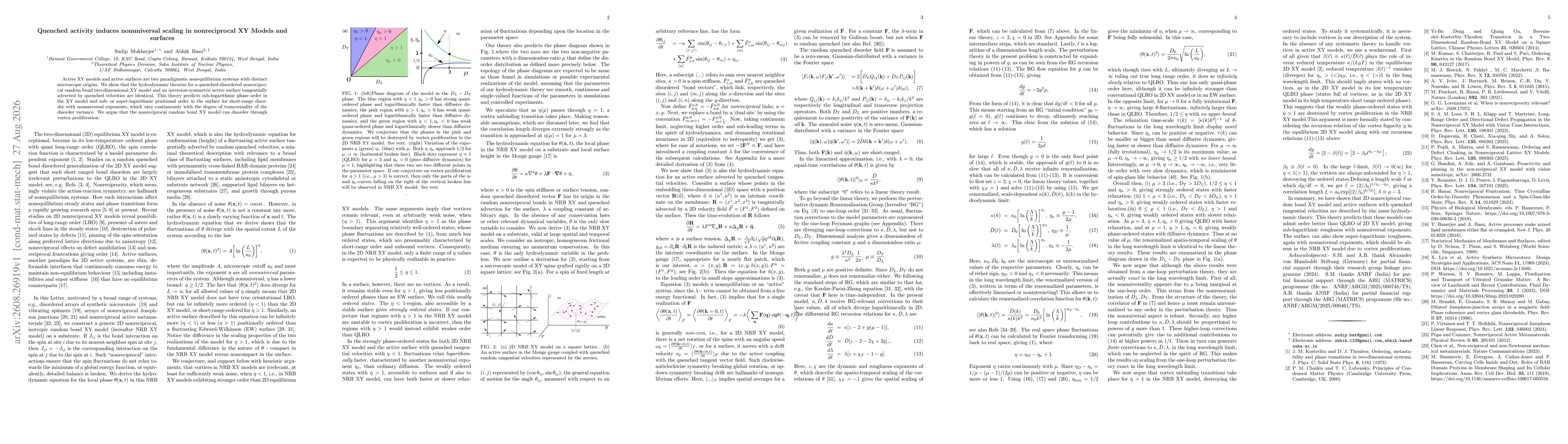 Thumbnail for Quenched activity induces nonuniversal scaling in nonreciprocal XY Models and surfaces