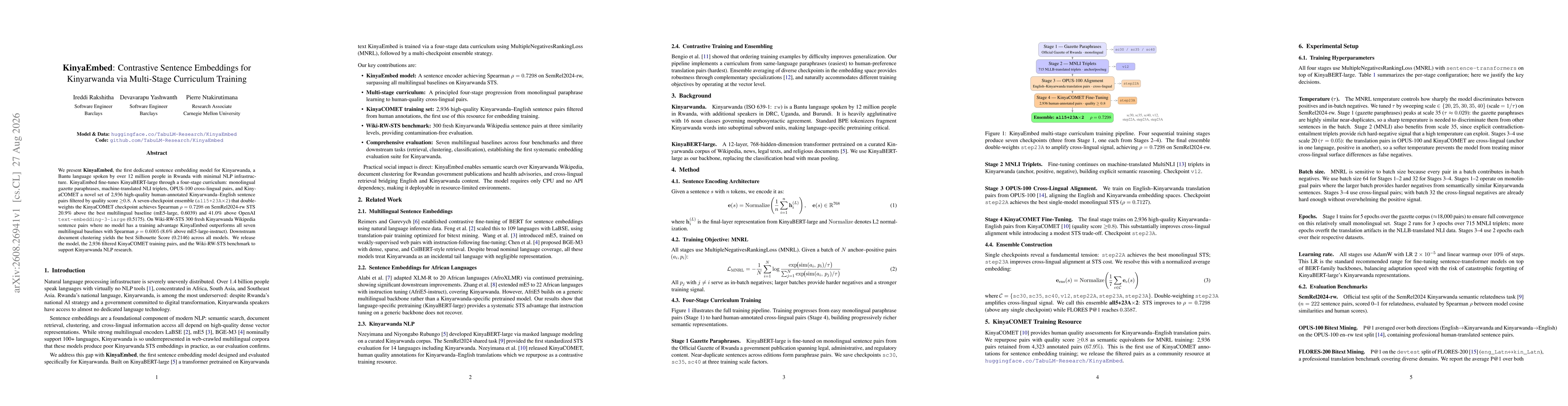 Thumbnail for KinyaEmbed: Contrastive Sentence Embeddings for Kinyarwanda via Multi-Stage Curriculum Training