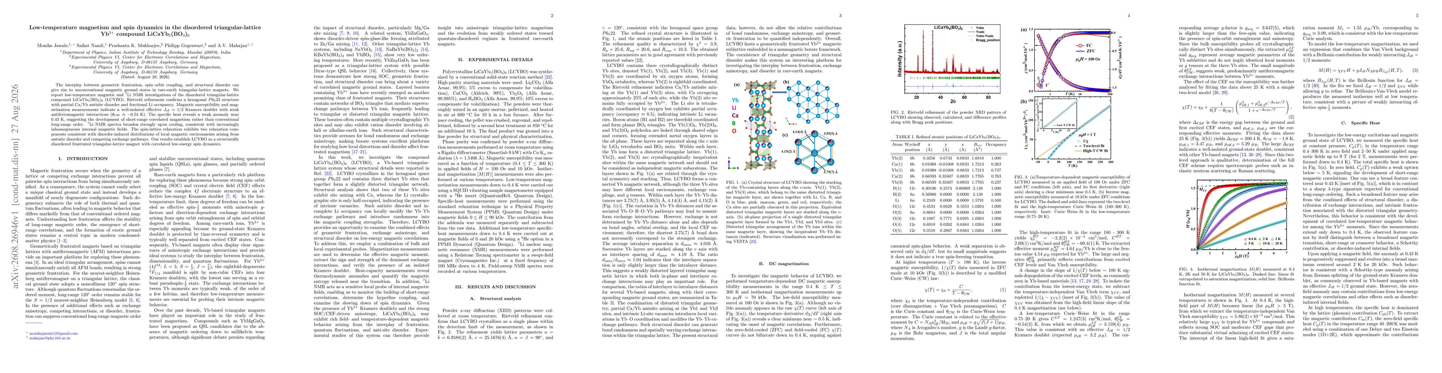 Thumbnail for Low-temperature magnetism and spin dynamics in the disordered triangular-lattice Yb$^{3+}$ compound LiCaYb$_5$(BO$_3$)$_6$