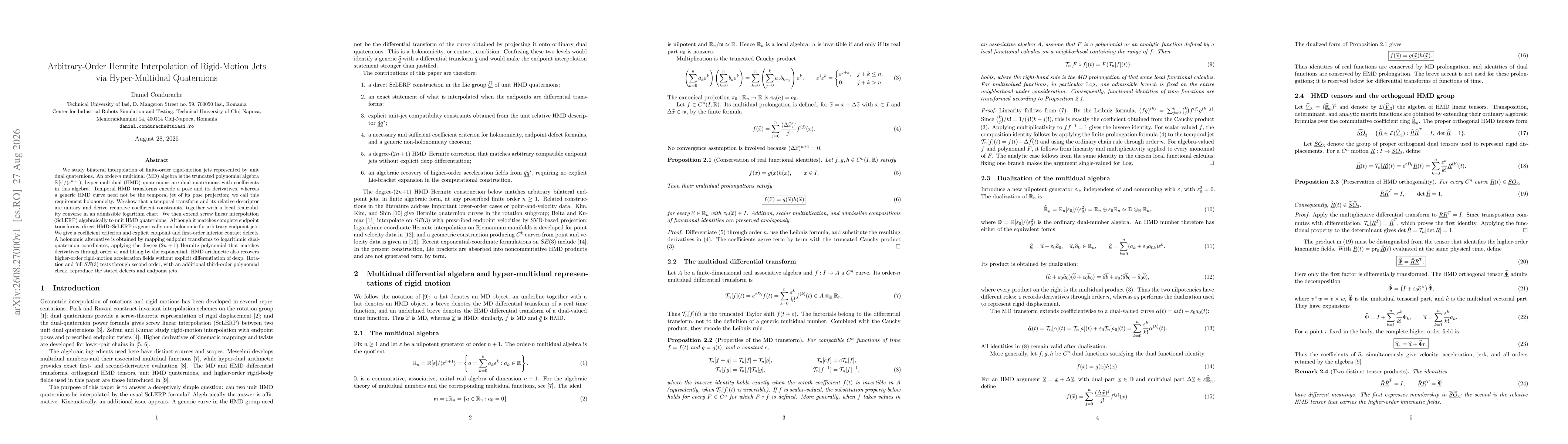 Thumbnail for Arbitrary-Order Hermite Interpolation of Rigid-Motion Jets via Hyper-Multidual Quaternions