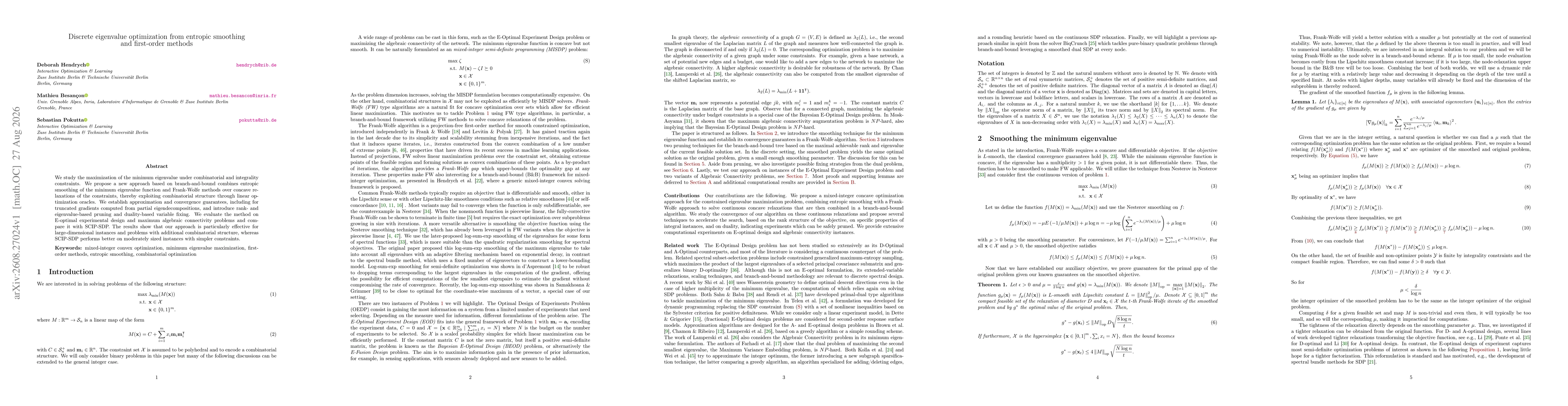 Thumbnail for Discrete eigenvalue optimization from entropic smoothing and first-order methods