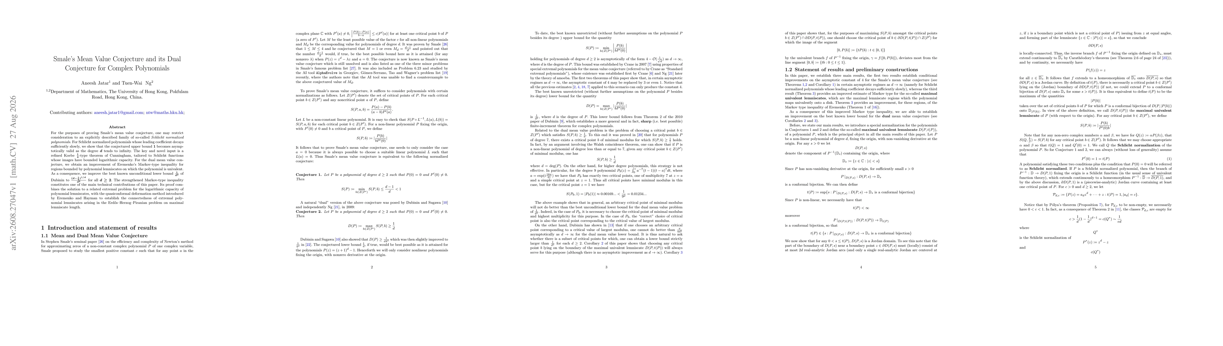 Thumbnail for Smale's Mean Value Conjecture and its Dual Conjecture for Complex Polynomials