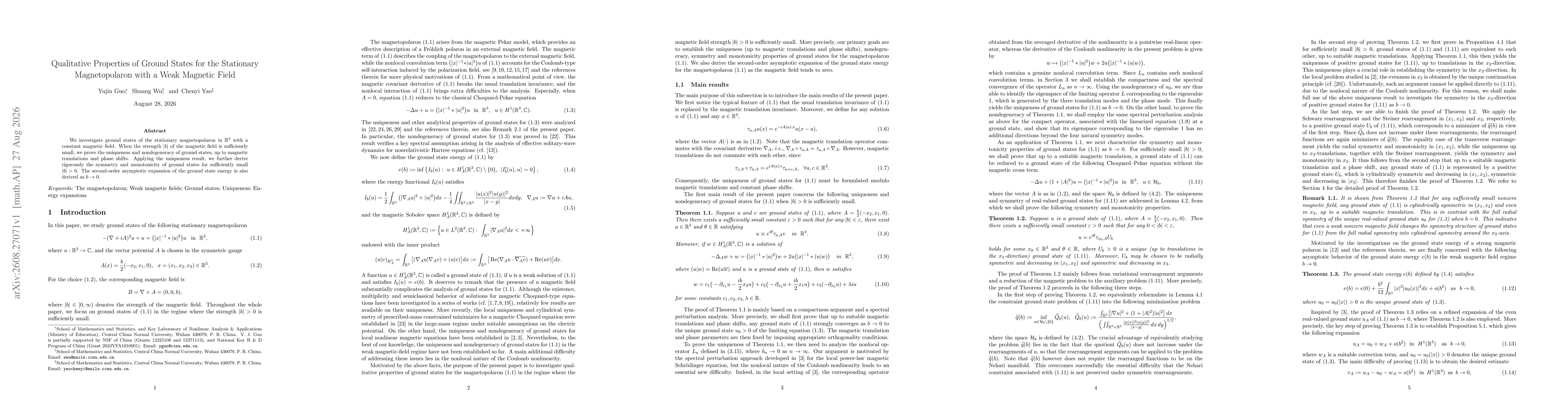 Thumbnail for Qualitative Properties of Ground States for the Stationary Magnetopolaron with a Weak Magnetic Field