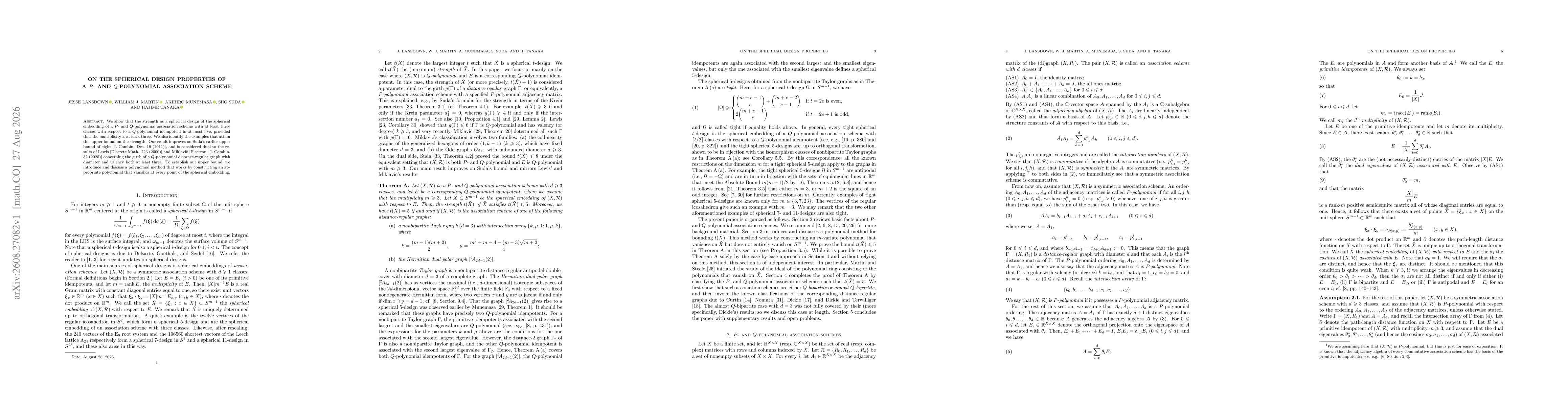 Thumbnail for On the spherical design properties of a $P$- and $Q$-polynomial association scheme