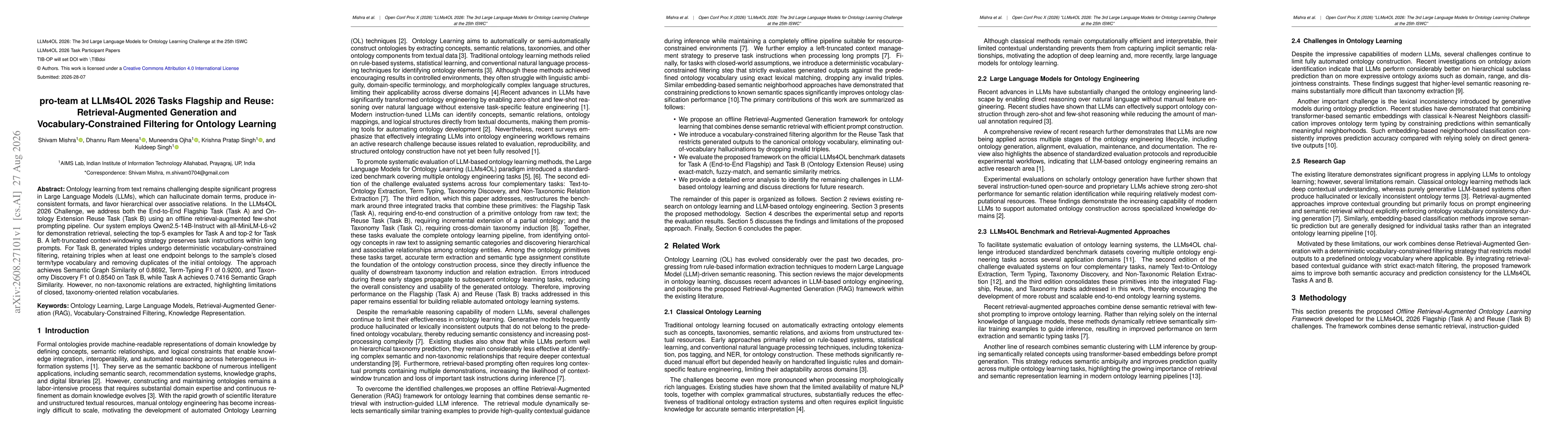 Thumbnail for pro-team at LLMs4OL 2026 Tasks Flagship and Reuse: Retrieval-Augmented Generation and Vocabulary-Constrained Filtering for Ontology Learning
