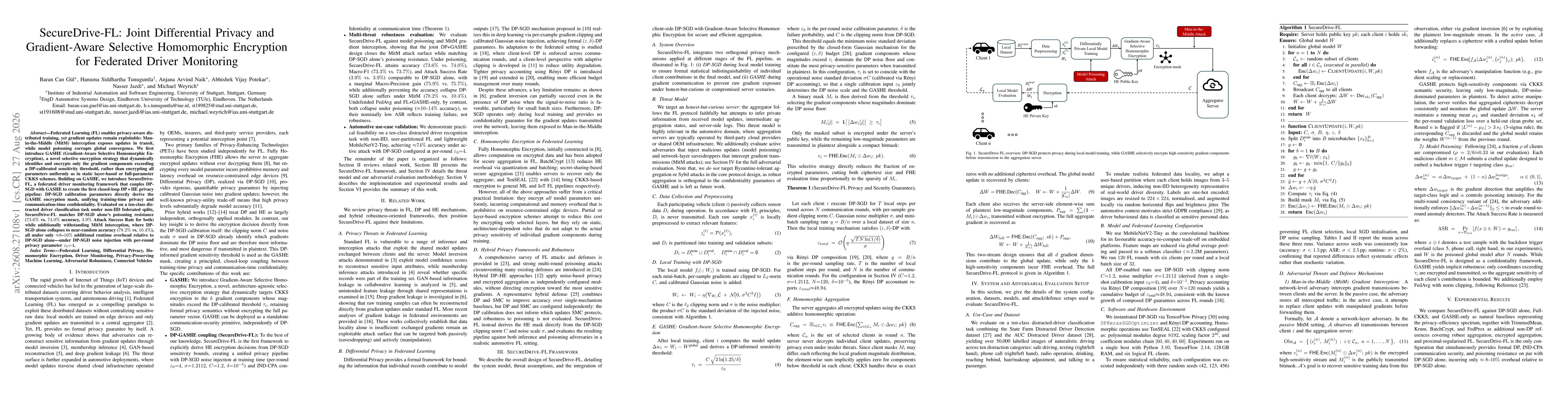 Thumbnail for SecureDrive-FL: Joint Differential Privacy and Gradient-Aware Selective Homomorphic Encryption for Federated Driver Monitoring