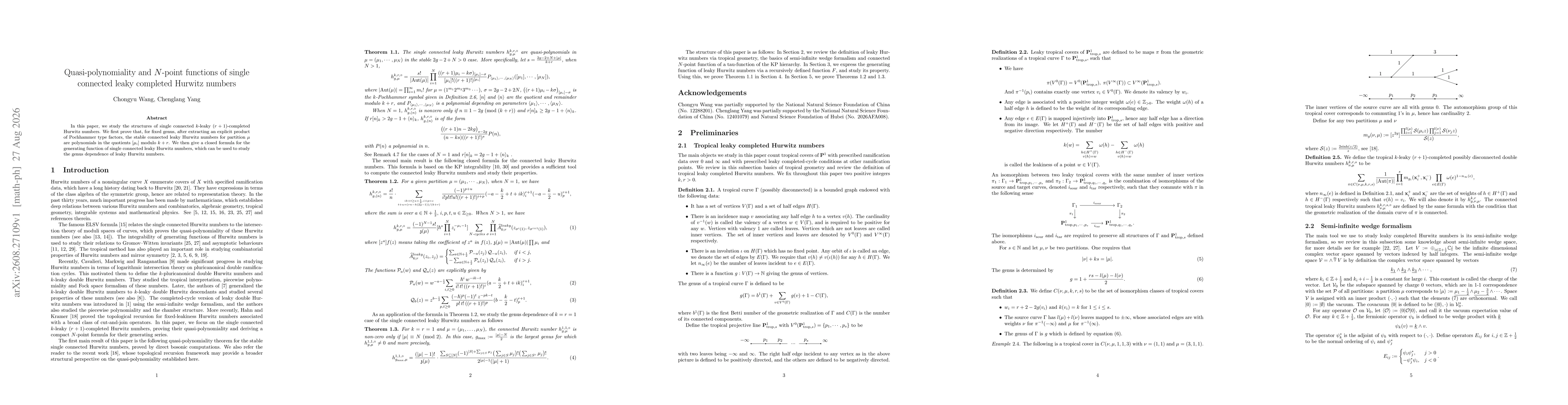 Thumbnail for Quasi-polynomiality and $N$-point functions of single connected leaky completed Hurwitz numbers