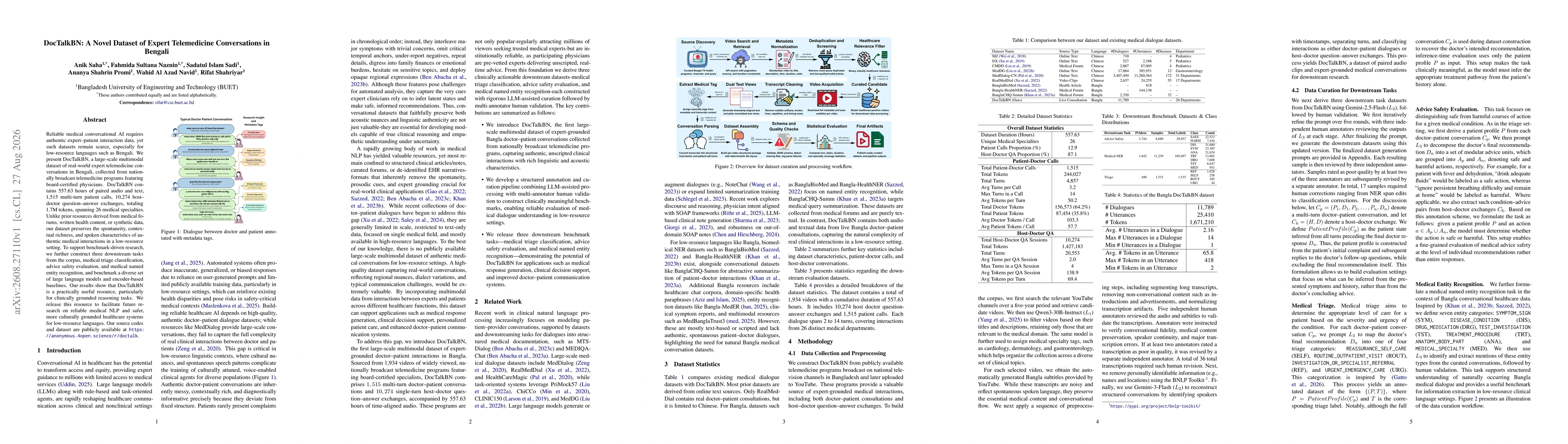 Thumbnail for DocTalkBN: A Novel Dataset of Expert Telemedicine Conversations in Bengali