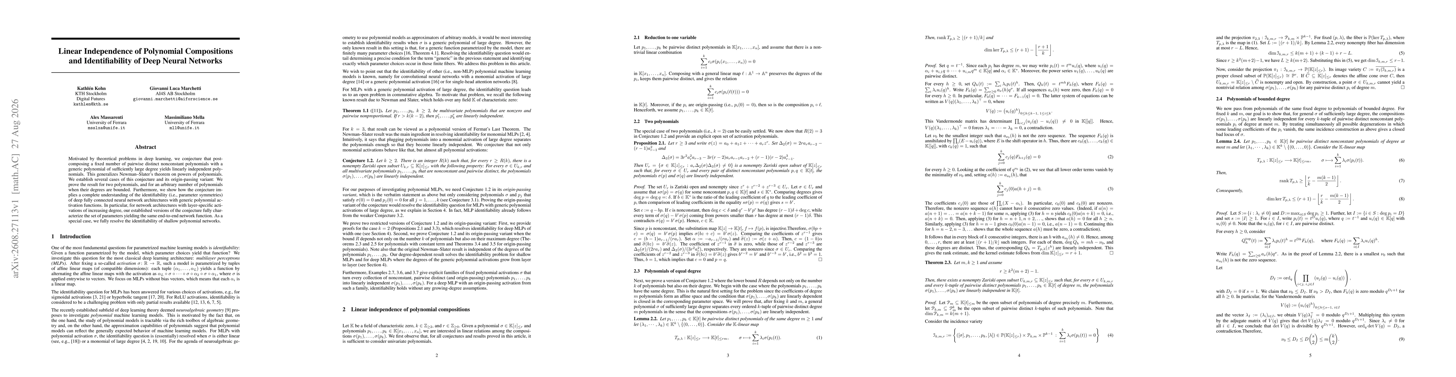 Thumbnail for Linear Independence of Polynomial Compositions and Identifiability of Deep Neural Networks