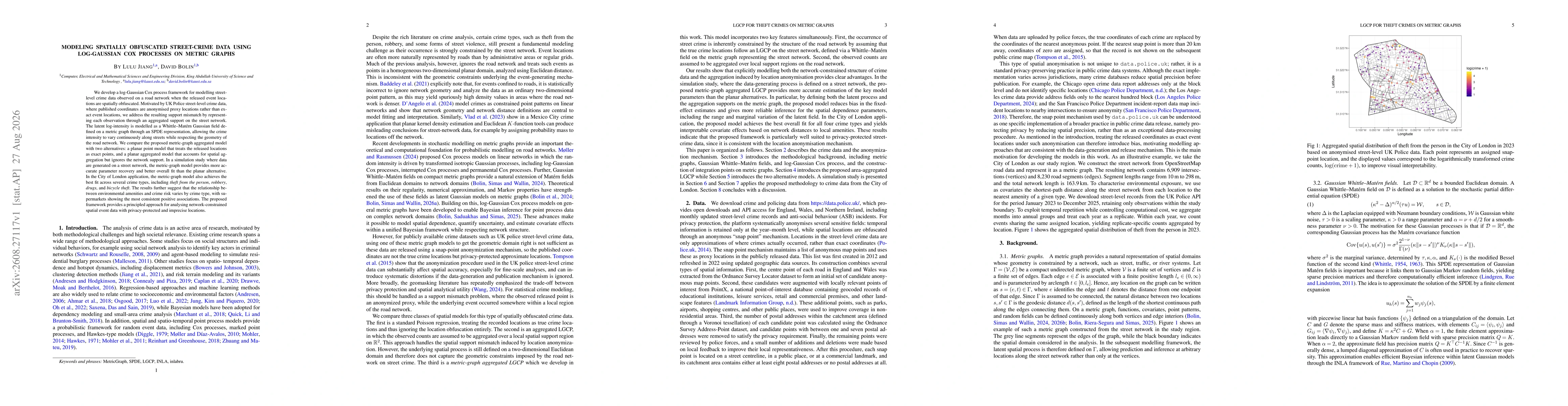 Thumbnail for Modeling Spatially Obfuscated Street-Crime Data using Log-Gaussian Cox Processes on Metric Graphs