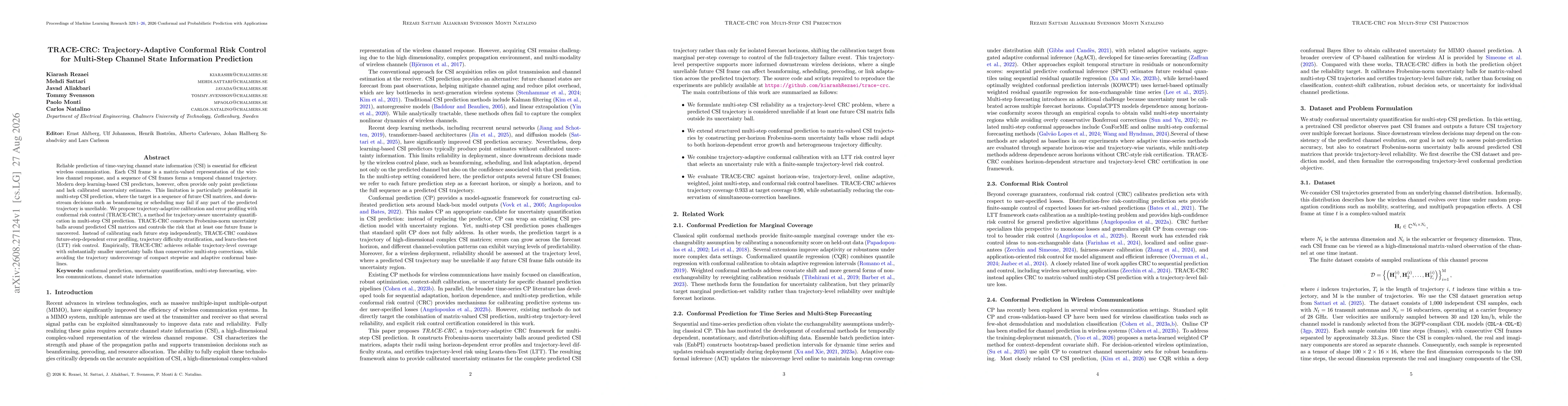 Thumbnail for TRACE-CRC: Trajectory-Adaptive Conformal Risk Control for Multi-Step Channel State Information Prediction
