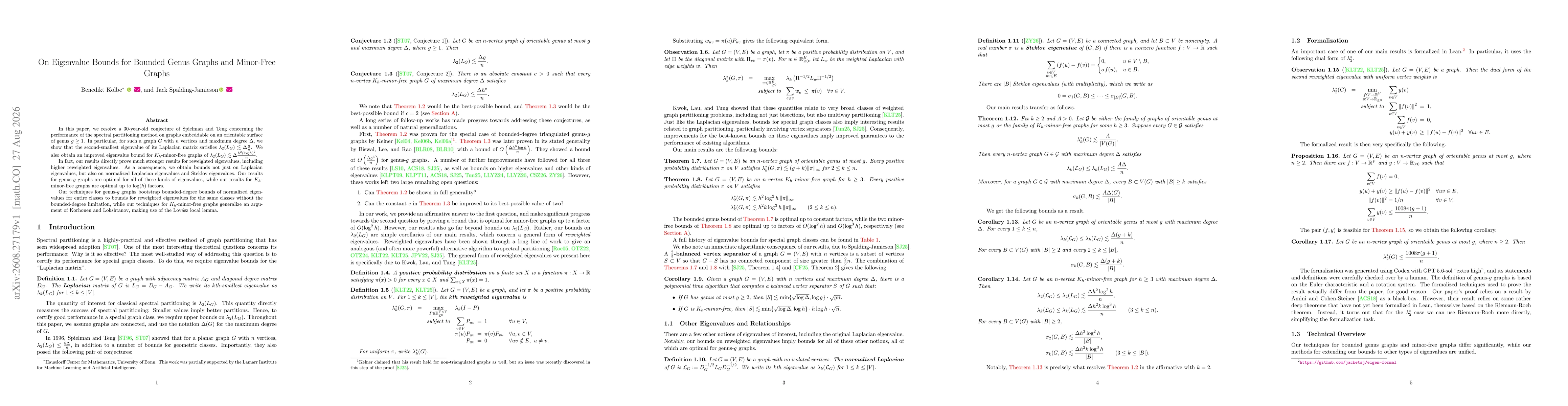 Thumbnail for On Eigenvalue Bounds for Bounded Genus Graphs and Minor-Free Graphs