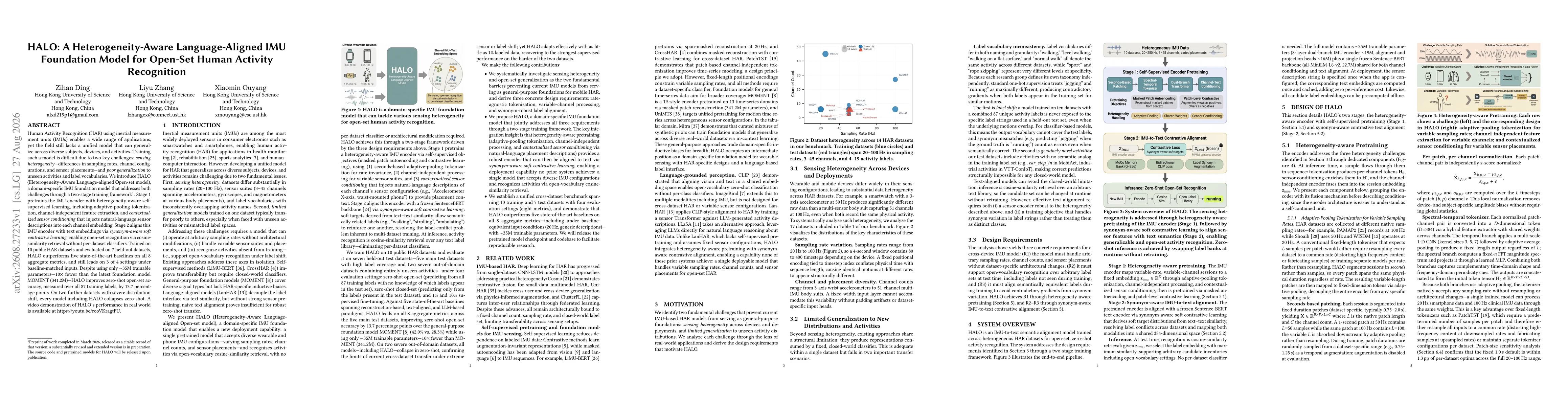 Thumbnail for HALO: A Heterogeneity-Aware Language-Aligned IMU Foundation Model for Open-Set Human Activity Recognition