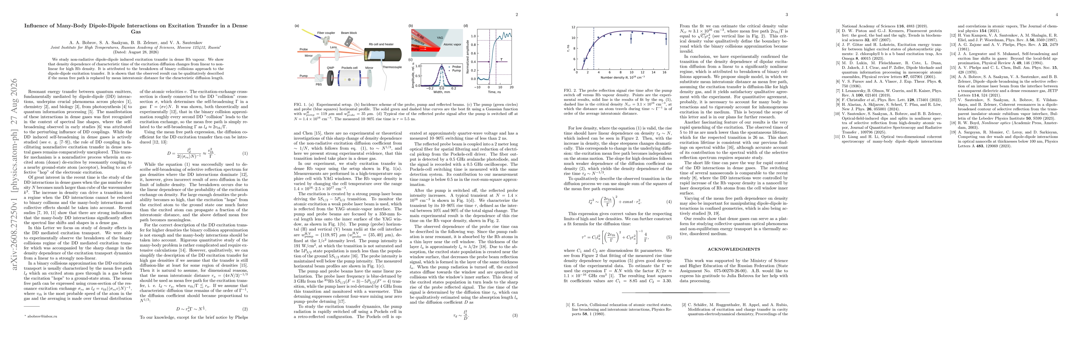 Thumbnail for Influence of Many-Body Dipole-Dipole Interactions on Excitation Transfer in a Dense Gas