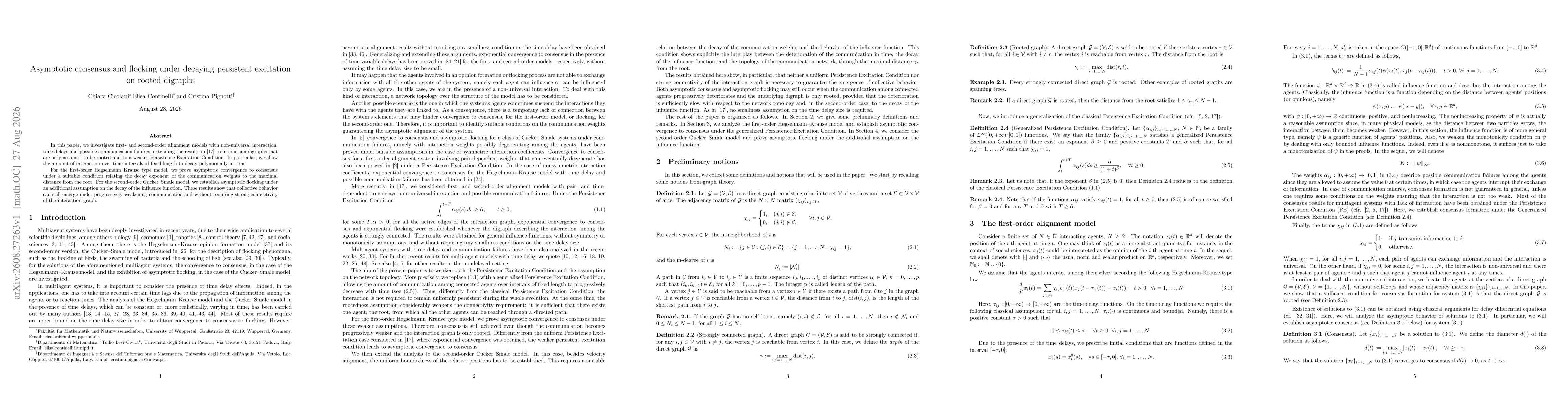 Thumbnail for Asymptotic consensus and flocking under decaying persistent excitation on rooted digraphs