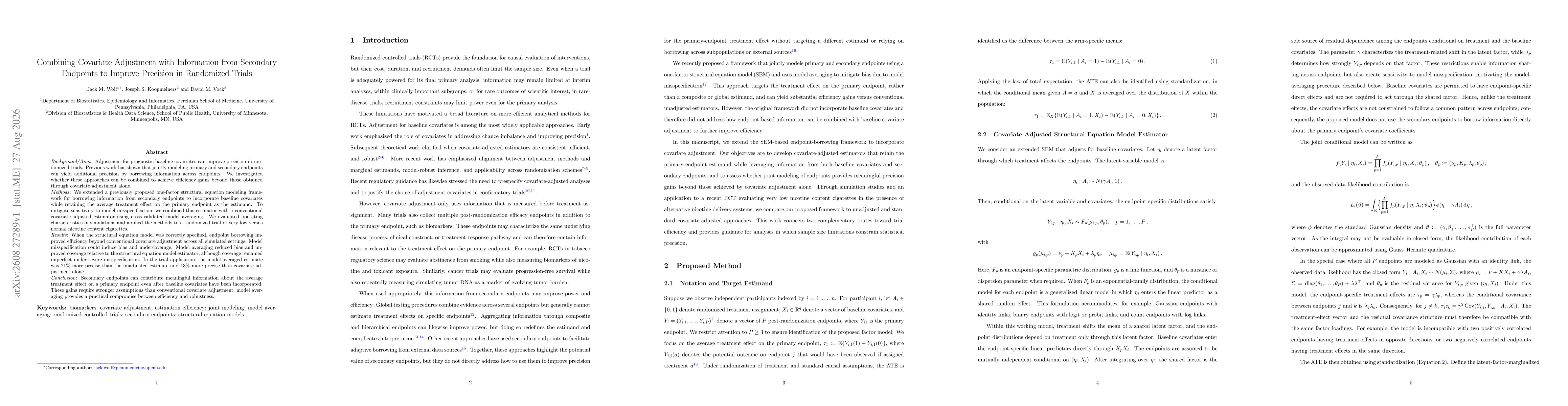Thumbnail for Combining covariate adjustment with information from secondary endpoints to improve precision in randomized trials