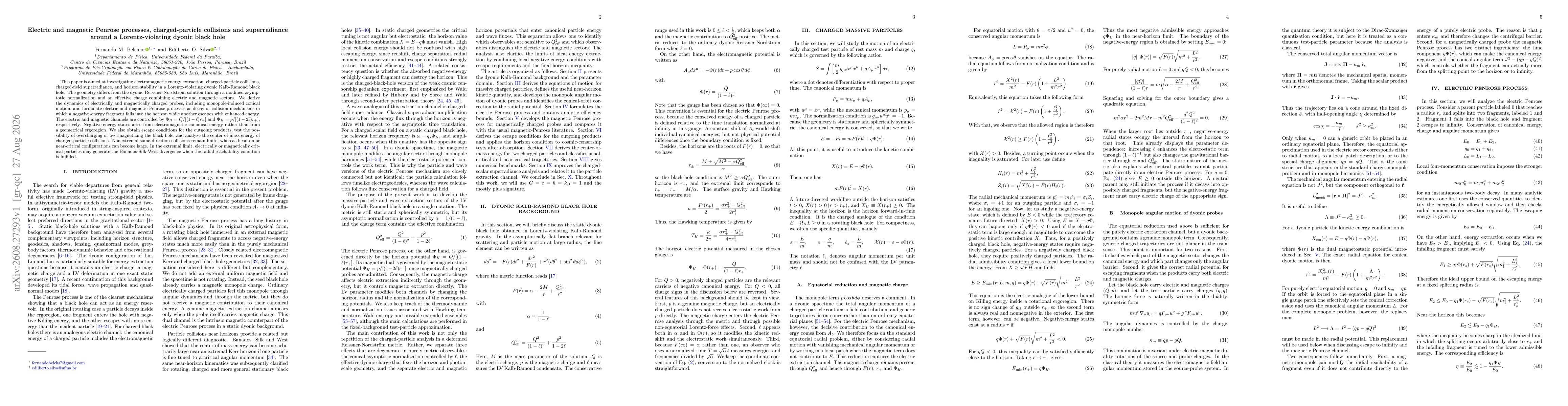 Thumbnail for Electric and magnetic Penrose processes, charged-particle collisions and superradiance around a Lorentz-violating dyonic black hole