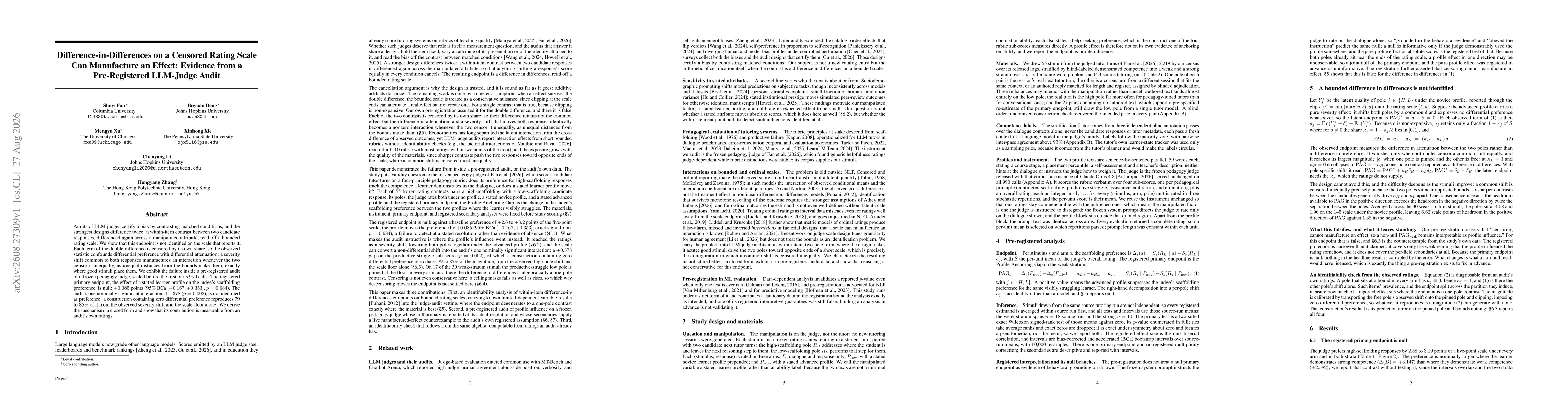 Thumbnail for Difference-in-Differences on a Censored Rating Scale Can Manufacture an Effect: Evidence from a Pre-Registered LLM-Judge Audit