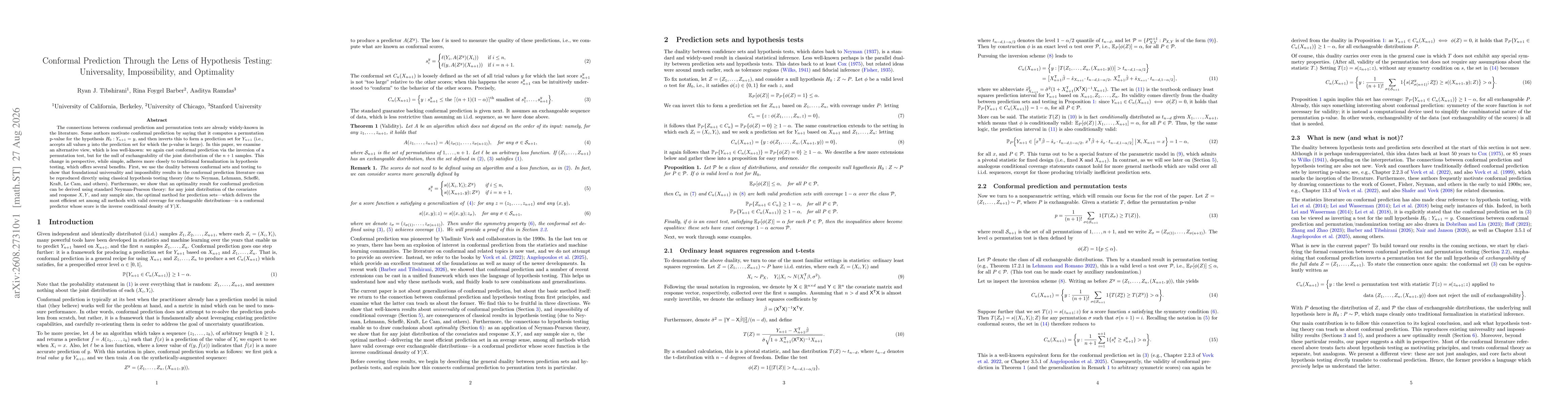 Thumbnail for Conformal Prediction Through the Lens of Hypothesis Testing: Universality, Impossibility, and Optimality
